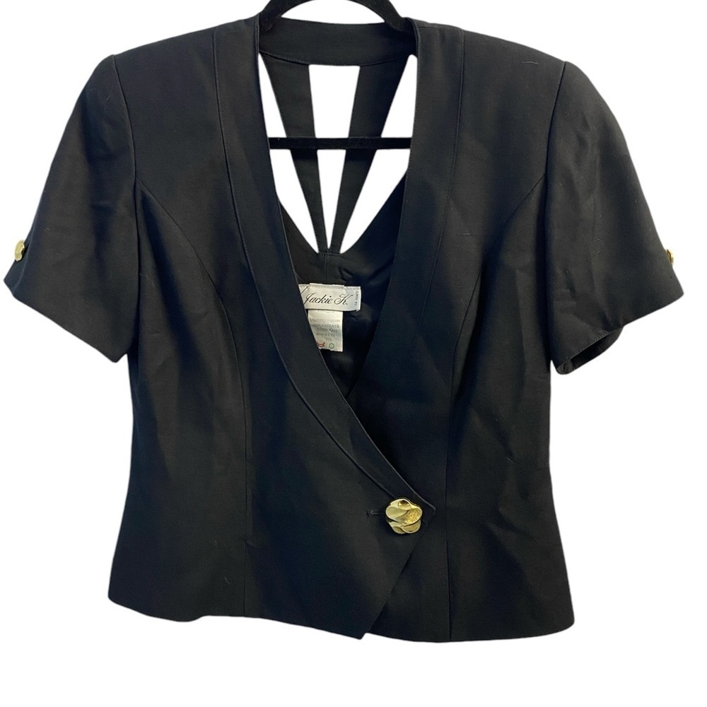 Jackie K Black Short Sleeve Blazer Jacket VNeck Open Back Detail Size 5/6